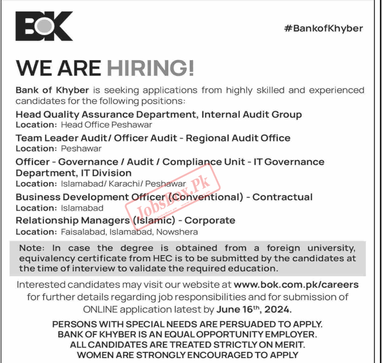 Bank of Khyber BOK Jobs 2024