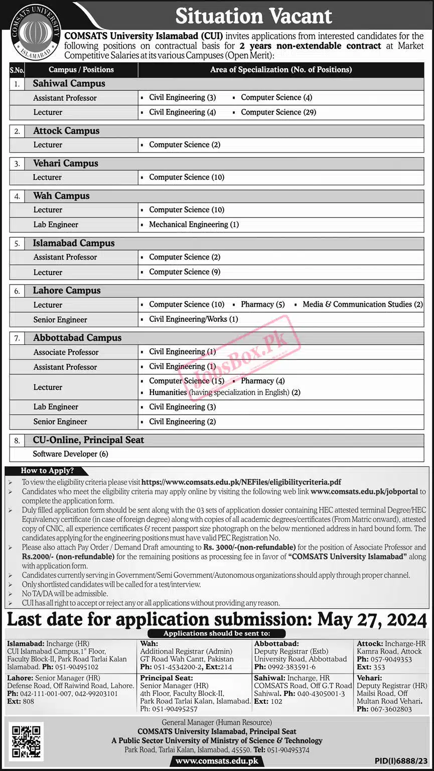 COMSATS University CUI Islamabad Campus Jobs 2024