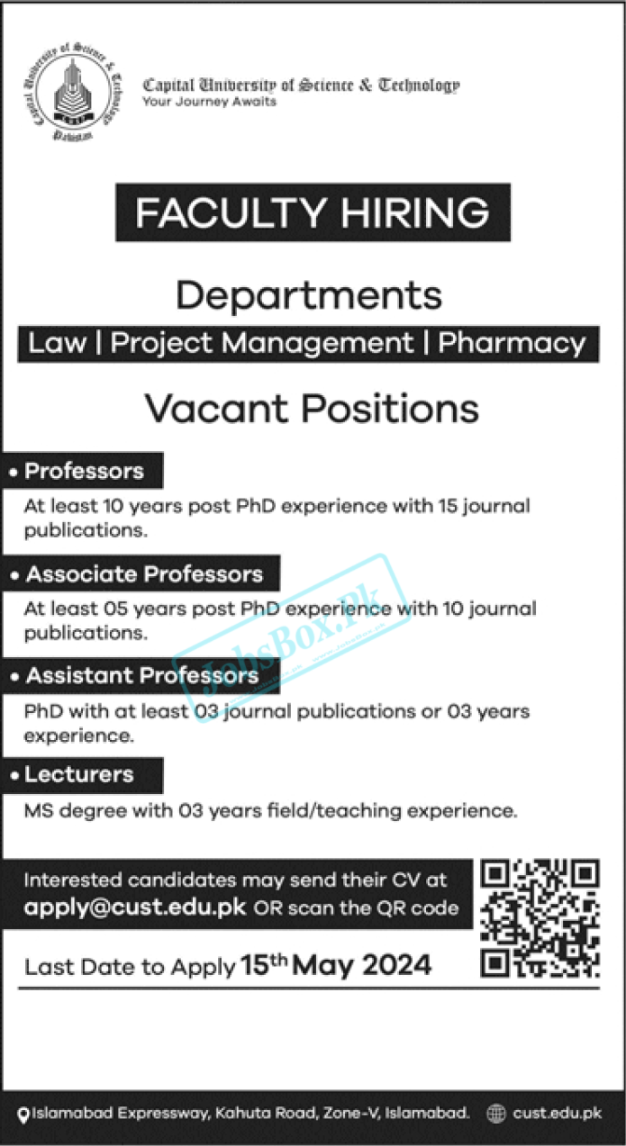 Capital University of Science & Technology CUST Jobs 2024