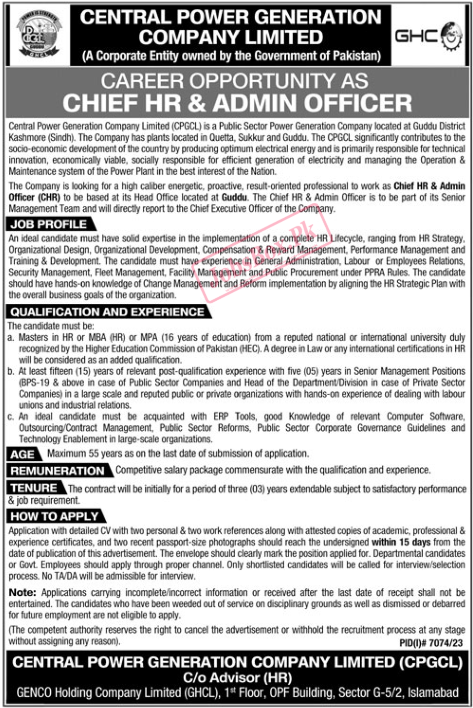 Central Power Generation Company CPGCL Jobs 2024