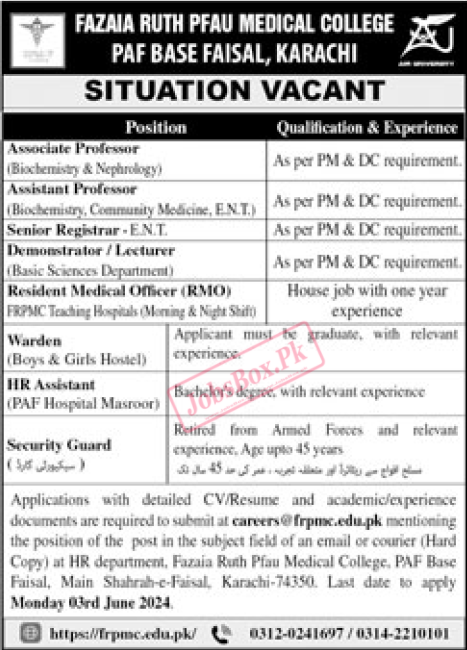 Fazaia Ruth PFAU Medical College Karachi Jobs 2024