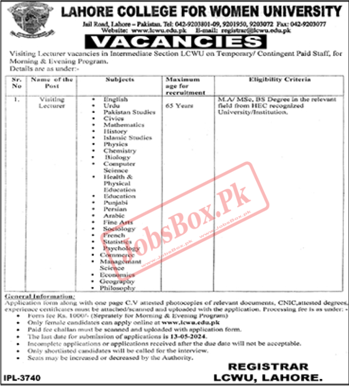 Lahore College for Women University LCWU Jobs 2024