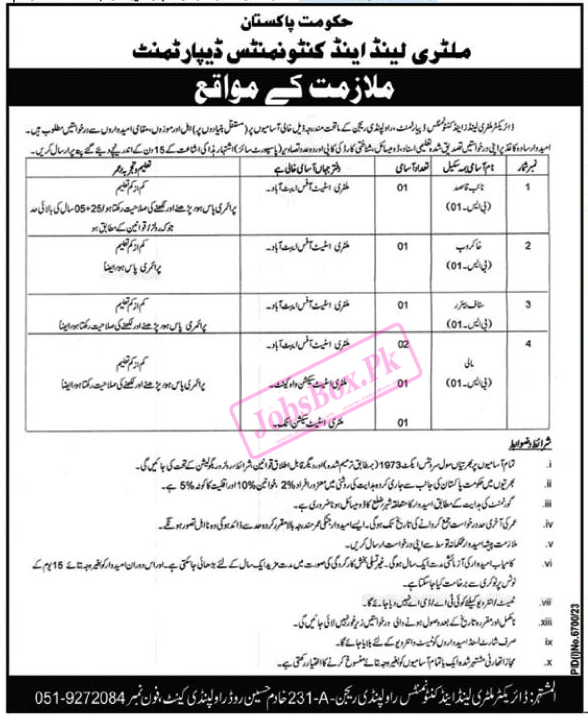 Military Lands & Cantonments Department Jobs 2024 