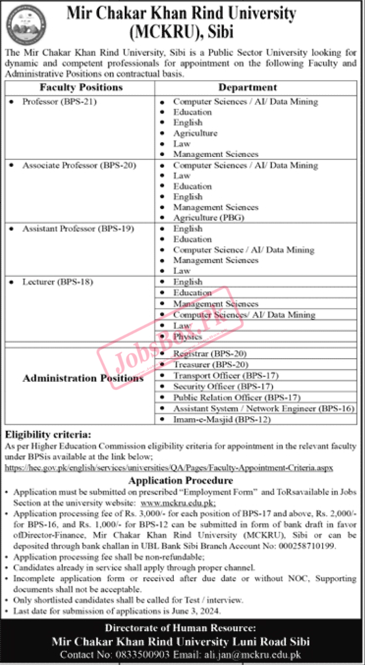 Mir Chakar Khan Rind University Sibi Jobs 2024