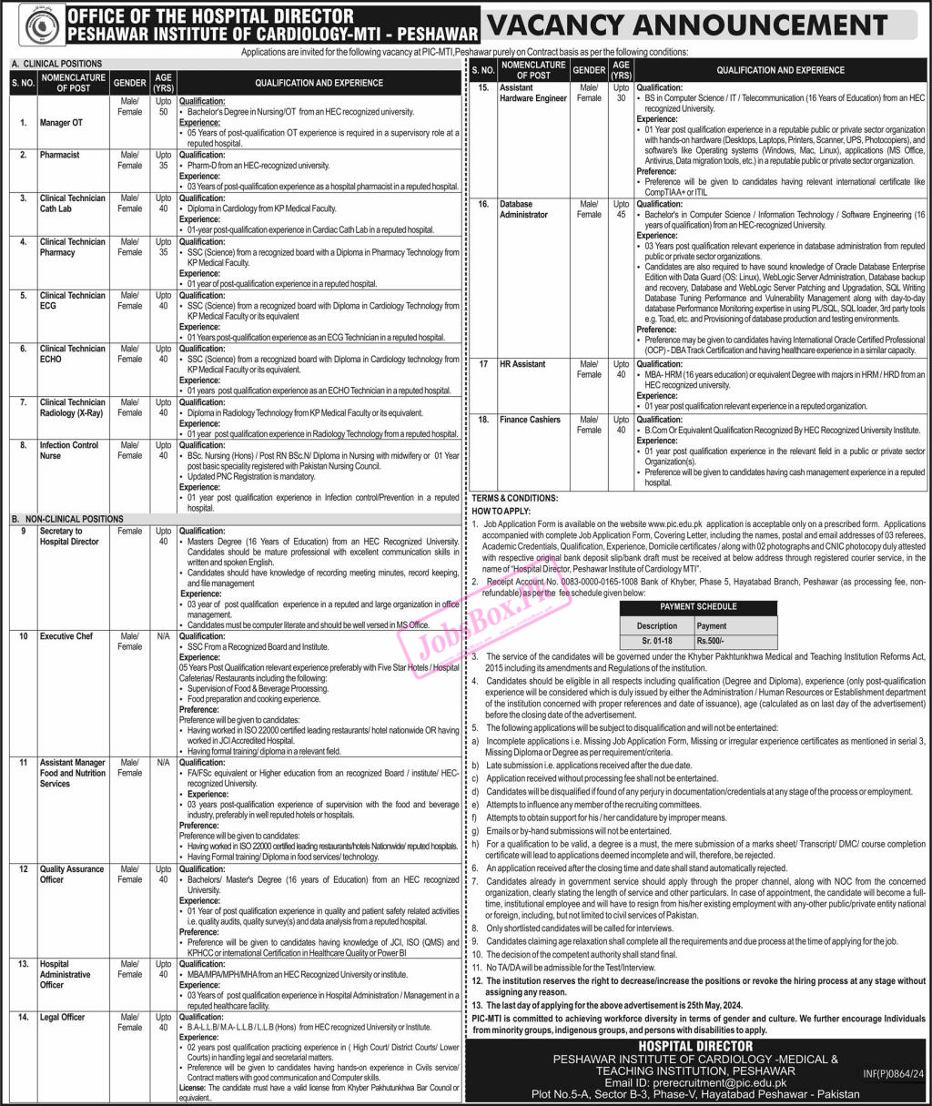 Peshawar Institute of Cardiology PIC Jobs 2024