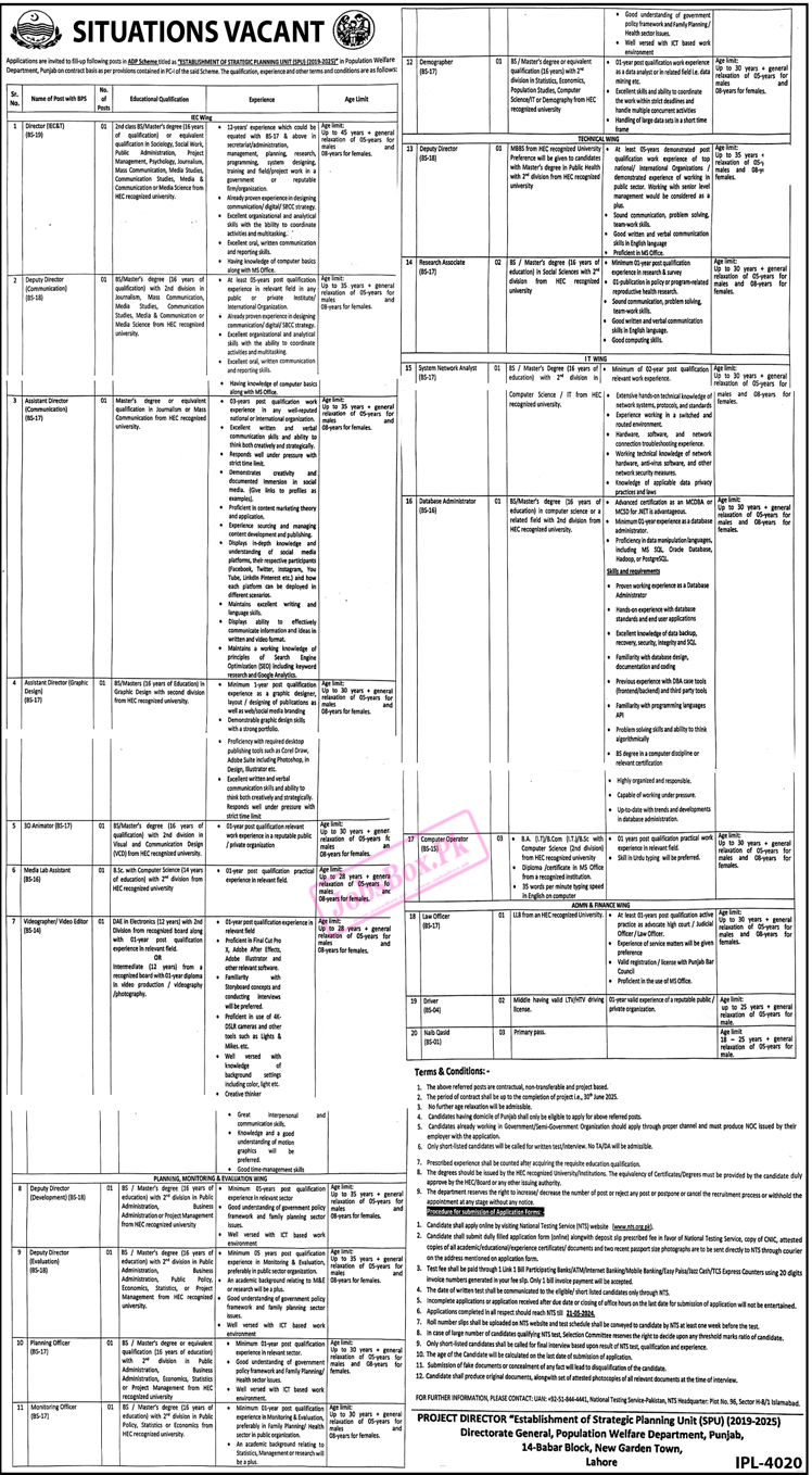 Population Welfare Department Punjab Jobs 2024