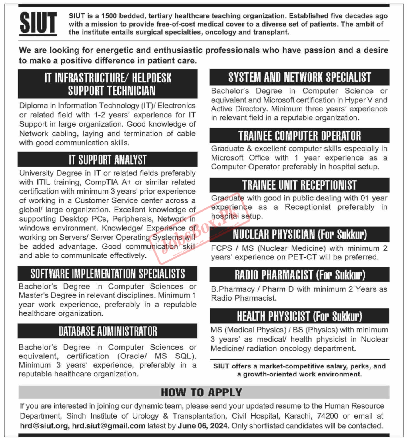 Sindh Institute of Urology and Transplantation SIUT Jobs 2024