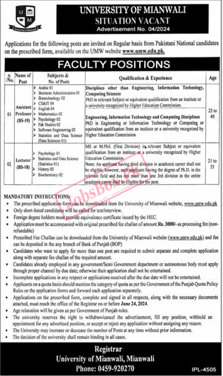 University of Mianwali Jobs 2024