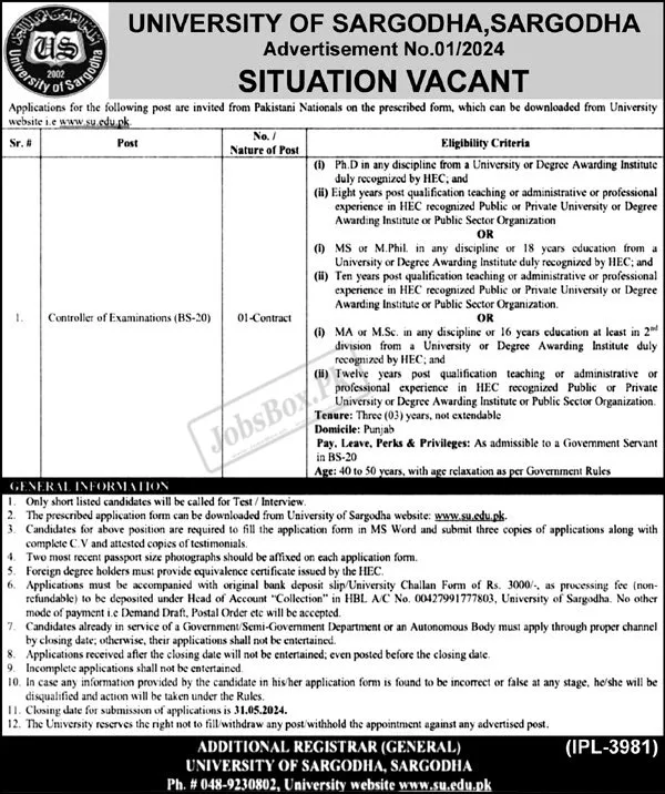 University of Sargodha UOS Jobs 2024