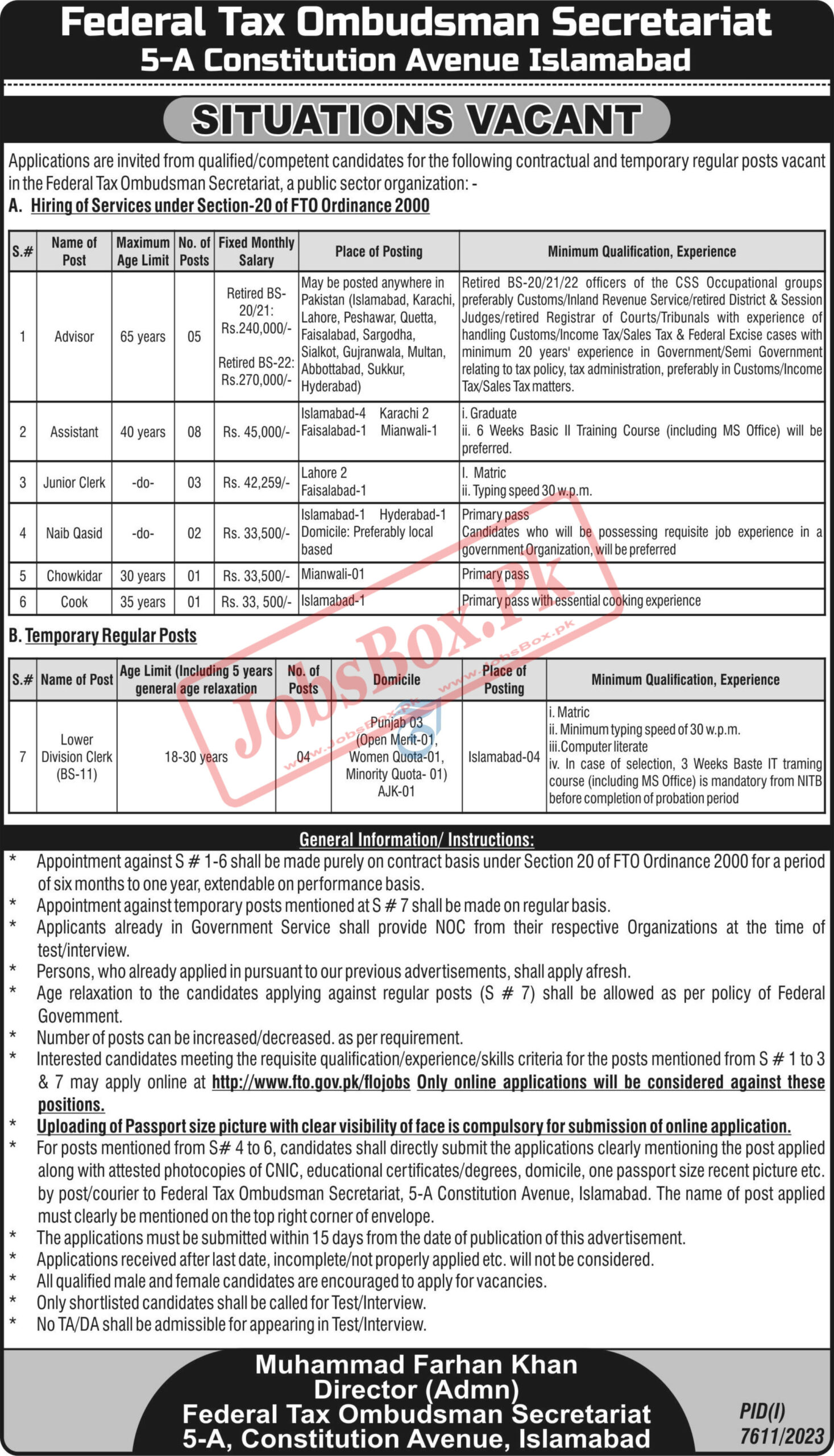 Federal Tax Ombudsman Secretariat Jobs 2024