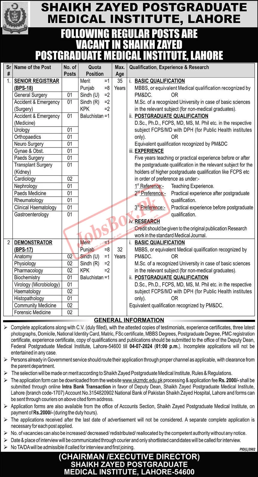 Shaikh Zayed Federal Postgraduate Medical Institute Jobs 2024