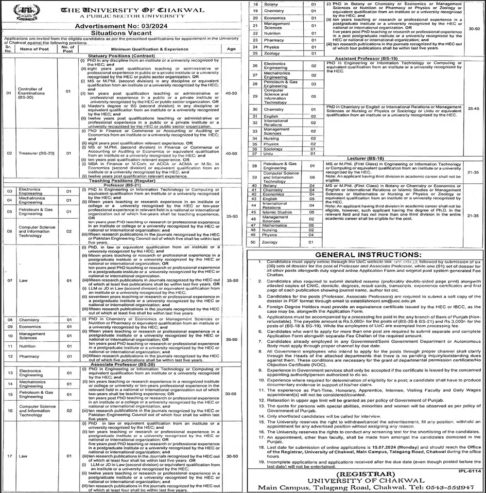 Job Opportunities at University of Chakwal: Advertisement No. 03/2024